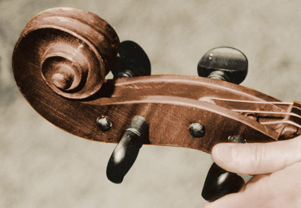 head of a violin, with fingers on one of the tuning knobs